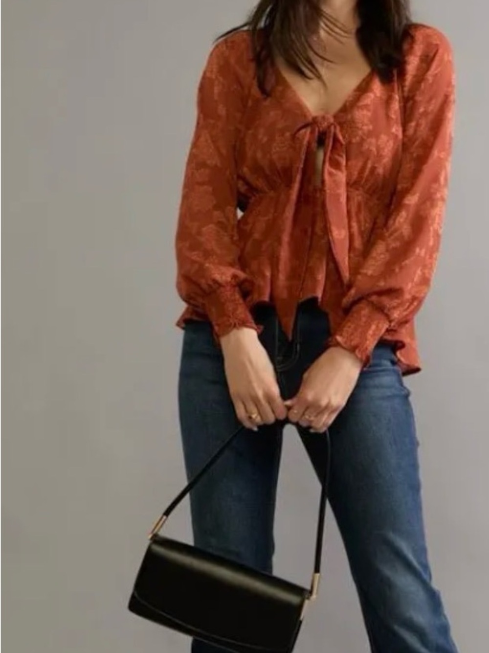 Francesca's Tracy Tie Front Burnt Orange Floral Jacquard Blouse L boho